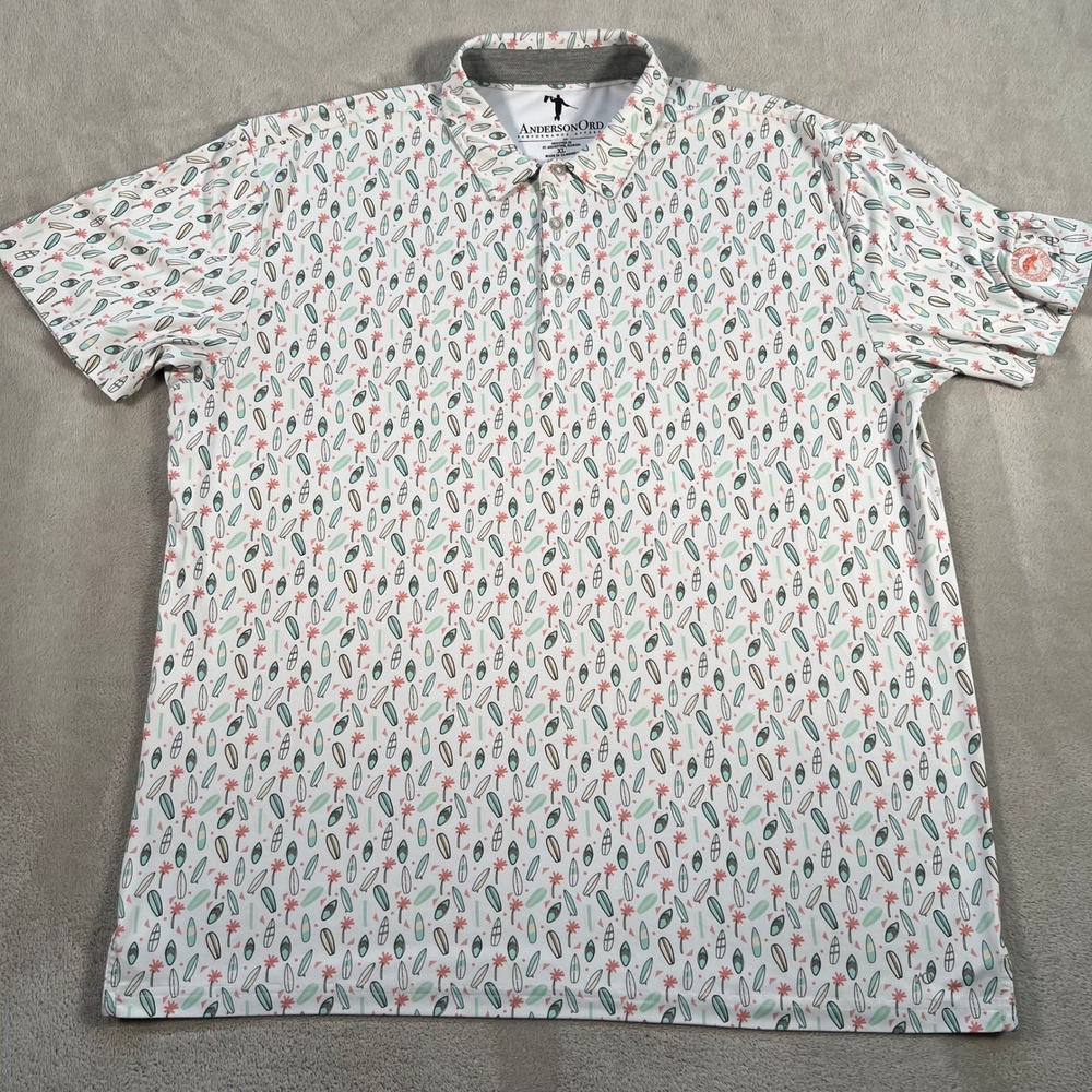 Anderson Ord Golf Shirt Mens Size XL White Surfboards Palm Trees Boca Woods Polo